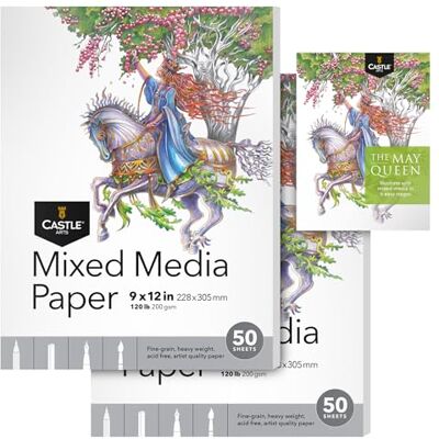 Bloco de desenho de mídia mista de 9 x 12 polegadas, embalagem de 2, 50 folhas cada (200 g/m²/120 libras), papel pesado de grão fino para artistas, liberdade criativa em média e Bloco de desenho de mídia mista de 9 x 12 polegadas, embalagem de 2, 50 folhas cada (200 g/m²/120 libras), papel pesado de grão fino para artistas, liberdade criativa em média e