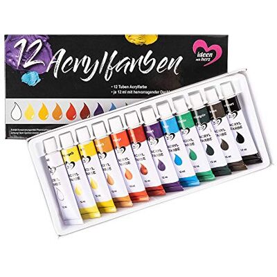 Ideen mit Herz Lote de 12 tubos de tinta acrílica de 12 ml, 12 cores, qualidade de estúdio Ideal para artistas Ideen mit Herz Lote de 12 tubos de tinta acrílica de 12 ml, 12 cores, qualidade de estúdio Ideal para artistas