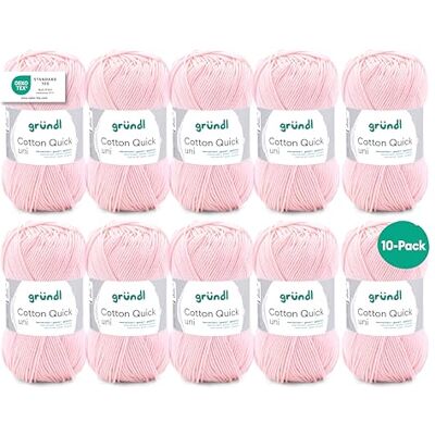 Gründl Cotton Quick Uni Strickgarn/Häkelgarn, 10 Novelos de 50 g (fio colorido de 100% algodão, certificado OEKO-TEX, 50 g / 125 m, agulha: 3-4, 10 novelos), Rosa Claro Gründl Cotton Quick Uni Strickgarn/Häkelgarn, 10 Novelos de 50 g (fio colorido de 100% algodão, certificado OEKO-TEX, 50 g / 125 m, agulha: 3-4, 10 novelos), Rosa Claro
