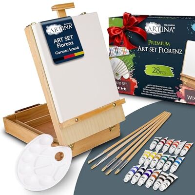 Artina Kit de pintura com mala cavalete de madeira para crianças peças 28 18 cores acrílicas tela pincéis paleta presente di Natale Set pinturas infantis acrílico Florenz Artina Kit de pintura com mala cavalete de madeira para crianças peças 28 18 cores acrílicas tela pincéis paleta presente di Natale Set pinturas infantis acrílico Florenz