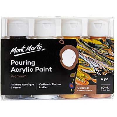 MONT MARTE Tintas Acrílicas Pouring Set Celeste – 4 peças x 60ml – Tintas acrílicas pré-misturadas com Pouring Medium – Cores Preto, Branco de Titânio, Dourado, Bronze MONT MARTE Tintas Acrílicas Pouring Set Celeste – 4 peças x 60ml – Tintas acrílicas pré-misturadas com Pouring Medium – Cores Preto, Branco de Titânio, Dourado, Bronze