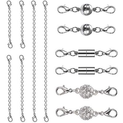 MengH-SHOP Fechos de joalharia magnética cilíndrico e broche de lagosta magnético de imitação de diamantes e extensor de corrente para pulseira, colar, fabricação de jóias de 12 peças (prateado) MengH-SHOP Fechos de joalharia magnética cilíndrico e broche de lagosta magnético de imitação de diamantes e extensor de corrente para pulseira, colar, fabricação de jóias de 12 peças (prateado)