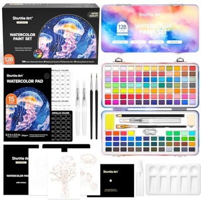 Shuttle Acuarelas Profesionales, 128 Colores Set de Acuarelas con Pinceles para Acuarela, Paleta, Block de Sketch y Hojas, Kit Acuarelas para Colorear para Adultos, Niños, Artistas Shuttle Acuarelas Profesionales, 128 Colores Set de Acuarelas con Pinceles para Acuarela, Paleta, Block de Sketch y Hojas, Kit Acuarelas para Colorear para Adultos, Niños, Artistas