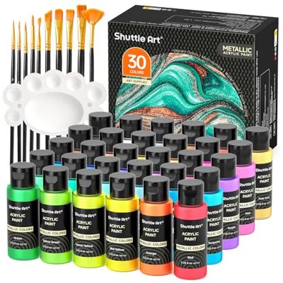 Shuttle Tinta acrílica metalizada, 30 cores (60 ml) de pintura metálica com 10 pincéis e 1 paleta, acrílicos para pintar não tóxicos, pintura acrílica para tela, tecido para artista principiante Shuttle Tinta acrílica metalizada, 30 cores (60 ml) de pintura metálica com 10 pincéis e 1 paleta, acrílicos para pintar não tóxicos, pintura acrílica para tela, tecido para artista principiante