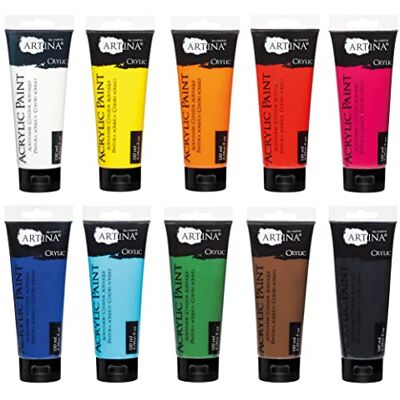 Artina Conjunto de 10 tintas acrílicas opacas de secagem rápida para pintar 10 x 120 ml cores de base com tubos resistentes à água e alta pigmentação pintura artistas madeira tela Crylic Artina Conjunto de 10 tintas acrílicas opacas de secagem rápida para pintar 10 x 120 ml cores de base com tubos resistentes à água e alta pigmentação pintura artistas madeira tela Crylic