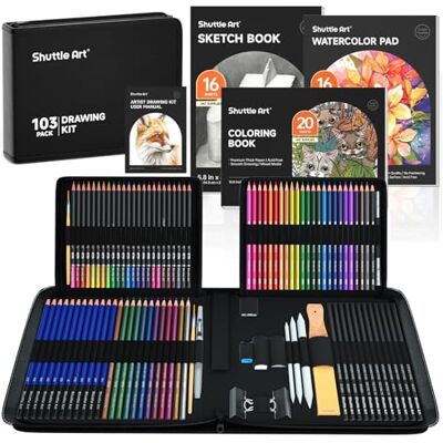 Shuttle 103PCS Kit de Desenho Artístico, Conjunto de Desenho Profissional Inclui Lápis de Cores, Lápis Aquarela, Esboços, Grafite, Carvão, Ferramentas de Desenho para Adultos, Crianças e Artistas Incluye Lápices de Colores, Lapices Acuarelables, Bocetos Shuttle 103PCS Kit de Desenho Artístico, Conjunto de Desenho Profissional Inclui Lápis de Cores, Lápis Aquarela, Esboços, Grafite, Carvão, Ferramentas de Desenho para Adultos, Crianças e Artistas Incluye Lápices de Colores, Lapices Acuarelables, Bocetos