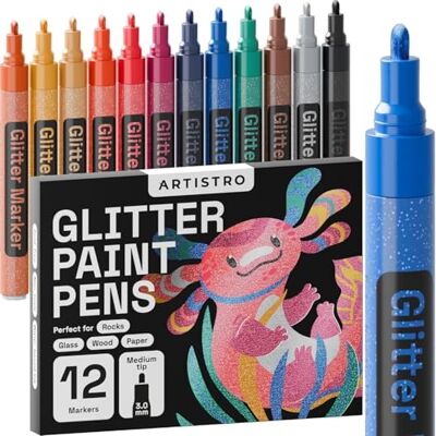 Artistro Marcadores acrílicos com purpurina, 12 cores, ponta média Artistro Marcadores acrílicos com purpurina, 12 cores, ponta média