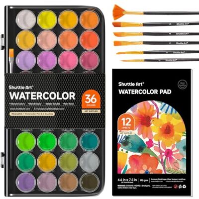 Shuttle Kit de 43 Peças de Aguarelas, 36 Cores de Aguarelas Profissionais com 6 Pincéis e 1 Bloco de Aguarela, Aguarelas para Crianças, Adultos, Iniciantes, Aquarela para Bullet Journal Shuttle Kit de 43 Peças de Aguarelas, 36 Cores de Aguarelas Profissionais com 6 Pincéis e 1 Bloco de Aguarela, Aguarelas para Crianças, Adultos, Iniciantes, Aquarela para Bullet Journal