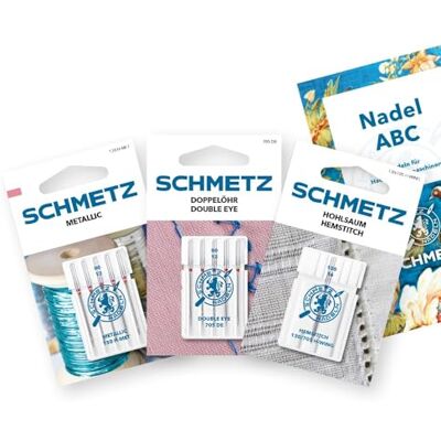 SCHMETZ Set Creative Variedade 11 agulhas para máquinas de costura Metallic / olho duplo / bainica inclui 1 agulha ABC SCHMETZ Set Creative Variedade 11 agulhas para máquinas de costura Metallic / olho duplo / bainica inclui 1 agulha ABC