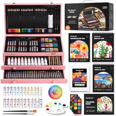 Shuttle 202 Peças Maletin pinturas, estojo de pintura com 4 blocos de desenho, tela, pintura acrílica, lápis de cor, lápis de cera, pastéis, kit de pintura para crianças adultos, rosa Shuttle 202 Peças Maletin pinturas, estojo de pintura com 4 blocos de desenho, tela, pintura acrílica, lápis de cor, lápis de cera, pastéis, kit de pintura para crianças adultos, rosa