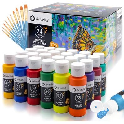 Artecho Tintas acrílicas 24 × 59 ml com pincel de 10 peças, conjunto de tinta acrílica, não tóxico, impermeável e resistente à luz, para tela, tecido, madeira, vidro, pedras. Artecho Tintas acrílicas 24 × 59 ml com pincel de 10 peças, conjunto de tinta acrílica, não tóxico, impermeável e resistente à luz, para tela, tecido, madeira, vidro, pedras.