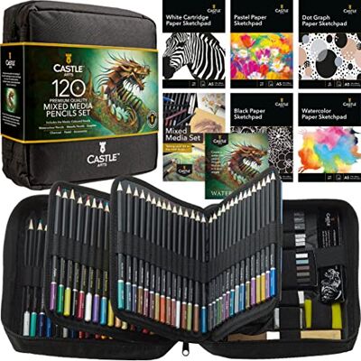 Conjunto de mídia mista Coleção de lápis de arte de mais de 120 cores aguarela, pastel, metálico, grafite, carvão liberdade criativa para artistas adultos, coloristas em Conjunto de mídia mista Coleção de lápis de arte de mais de 120 cores aguarela, pastel, metálico, grafite, carvão liberdade criativa para artistas adultos, coloristas em