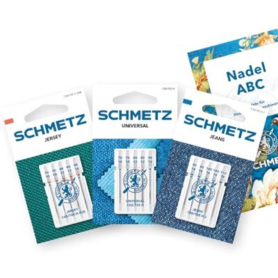 SCHMETZ 15 Agulhas para máquinas de costura Conjunto de Início Universal / Jersey / Jeans Sortido Inclui 1 agulha-ABC SCHMETZ 15 Agulhas para máquinas de costura Conjunto de Início Universal / Jersey / Jeans Sortido Inclui 1 agulha-ABC