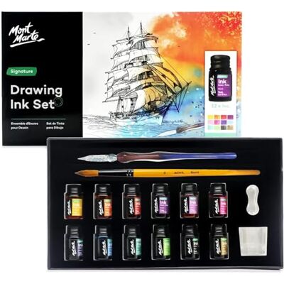MONT MARTE Kit de caligrafia 16 peças, porta-penas com caneta e tinta, 12 cores x 7 ml, caneta de vidro, pincel, suporte para penum, recipiente MONT MARTE Kit de caligrafia 16 peças, porta-penas com caneta e tinta, 12 cores x 7 ml, caneta de vidro, pincel, suporte para penum, recipiente
