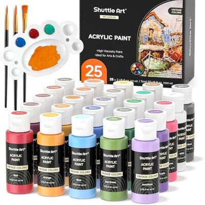 Shuttle Tinta acrílica vintage, 25 cores 60 mililitro acrílico com 3 pincéis e 1 paleta, acrílicos para pintar para artistas, iniciantes Shuttle Tinta acrílica vintage, 25 cores 60 mililitro acrílico com 3 pincéis e 1 paleta, acrílicos para pintar para artistas, iniciantes
