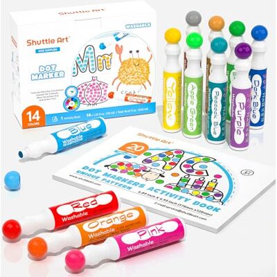 Shuttle 14 Colores Marcador de Puntos Lavable (40ml) Marcadores laváveis não tóxicos para criação com 1 livro de atividades de pontos, Dot Markers para educação pré-escolar Shuttle 14 Colores Marcador de Puntos Lavable (40ml) Marcadores laváveis não tóxicos para criação com 1 livro de atividades de pontos, Dot Markers para educação pré-escolar