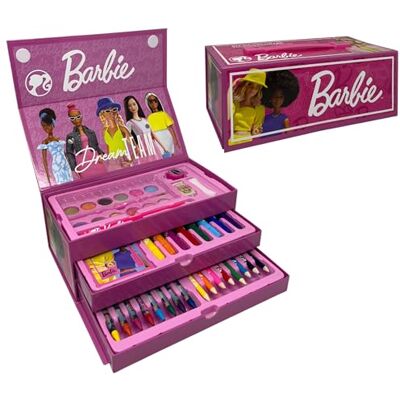 Cartoon Pasta com pinturas Barbie para crianças, conjunto de 52 peças de cores e papelaria, caixa com gavetas, kit de desenho e pintura Cartoon Pasta com pinturas Barbie para crianças, conjunto de 52 peças de cores e papelaria, caixa com gavetas, kit de desenho e pintura