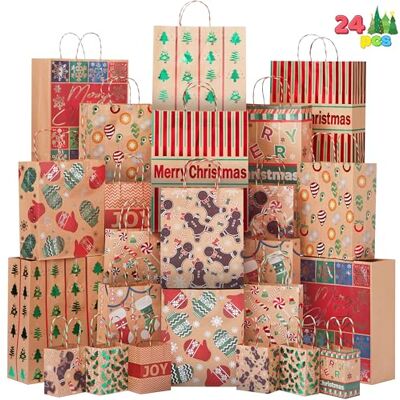 JOYIN 24 sacos de presente Kraft tamanhos com alças de fio para decoração de embrulho presente de férias de Natal, sacos de presentes kraft, decoração de sacos de presentes JOYIN 24 sacos de presente Kraft tamanhos com alças de fio para decoração de embrulho presente de férias de Natal, sacos de presentes kraft, decoração de sacos de presentes