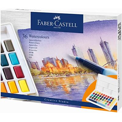 Faber-Castell Aquarelas, 36 peças em pastilhas, inclui pincel com reservatório de água Faber-Castell Aquarelas, 36 peças em pastilhas, inclui pincel com reservatório de água