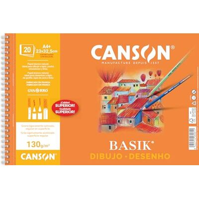 Canson Desenho básico, papel de desenho branco, grão fino, 130 gsm, espiralados sobre o lado curto, 23 x 32,5 cm, branco natural, 20 folhas quadrado Canson Desenho básico, papel de desenho branco, grão fino, 130 gsm, espiralados sobre o lado curto, 23 x 32,5 cm, branco natural, 20 folhas quadrado