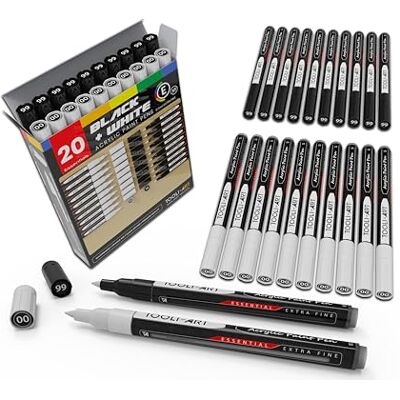 ART Conjunto de 20 marcadores de tinta acrílica preto e branco, ponta extra-fina de 0,7 mm para pintar sobre rocha, tela, canecas, metal, pintura em vidro, tecido, madeira, não tóxico, secagem rápida ART Conjunto de 20 marcadores de tinta acrílica preto e branco, ponta extra-fina de 0,7 mm para pintar sobre rocha, tela, canecas, metal, pintura em vidro, tecido, madeira, não tóxico, secagem rápida
