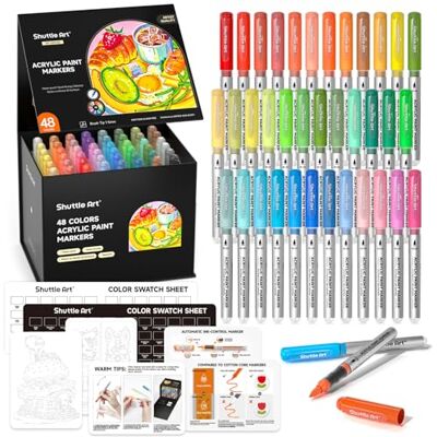 Shuttle Marcadores de tinta acrílica com controlo automático de tinta, 48 cores, ponta do pincel, canetas de tinta acrílica para pintura de rocha, cerâmica, madeira, tela, vidro, pedra Shuttle Marcadores de tinta acrílica com controlo automático de tinta, 48 cores, ponta do pincel, canetas de tinta acrílica para pintura de rocha, cerâmica, madeira, tela, vidro, pedra