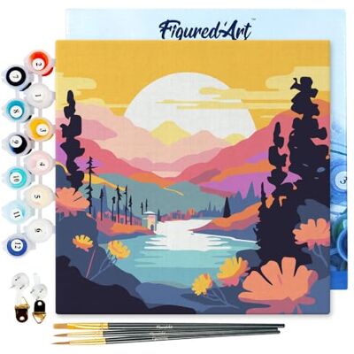 Mini pintura por números 20 x 20 cm com moldura para adultos pôr-do-sol colorido junto ao lago artesanato com tinta acrílica kit quadro DIY completo Mini pintura por números 20 x 20 cm com moldura para adultos pôr-do-sol colorido junto ao lago artesanato com tinta acrílica kit quadro DIY completo