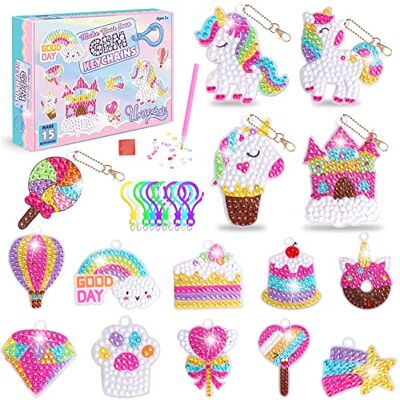UMILKI DIY 5D Diamante pintura Kit, 15 peças porta-chaves pintura diamantes unicórnio, autocolante Diamond Painting kit completo crianças, mosaicos desenho de diamantes autocolantes artes e artesanato para crianças UMILKI DIY 5D Diamante pintura Kit, 15 peças porta-chaves pintura diamantes unicórnio, autocolante Diamond Painting kit completo crianças, mosaicos desenho de diamantes autocolantes artes e artesanato para crianças