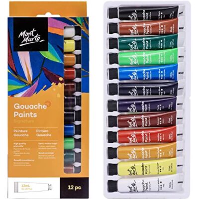 MONT MARTE Guache 12 peças, tubos de 12 ml, ideal para pintar têmpera, cores brilhantes e resistentes à luz com grande opacidade ideal para iniciantes, profissionais e artistas MONT MARTE Guache 12 peças, tubos de 12 ml, ideal para pintar têmpera, cores brilhantes e resistentes à luz com grande opacidade ideal para iniciantes, profissionais e artistas