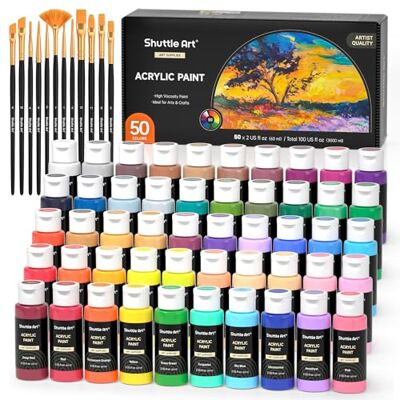 Shuttle 62 peças Tinta Acrílica, 50 Cores Acrílicas (60 ml) com 12 Pincéis, Ricamente Pigmentado, Tinta para Tecido, Tela, Pedra, Madeira, Acrílicos para Pintar para Artistas, Principiantes Ricamente Pigmentado, Pintura para Tela Lienzo Piedra Madera, A Shuttle 62 peças Tinta Acrílica, 50 Cores Acrílicas (60 ml) com 12 Pincéis, Ricamente Pigmentado, Tinta para Tecido, Tela, Pedra, Madeira, Acrílicos para Pintar para Artistas, Principiantes Ricamente Pigmentado, Pintura para Tela Lienzo Piedra Madera, A