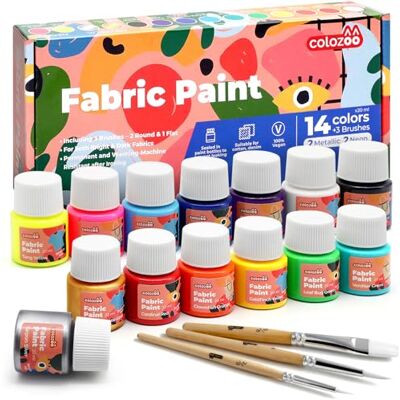 colozoo Tinta têxtil resistente à máquina de lavar 14 x 20 ml, conjunto de pintura têxtil Inc. Ouro, prata e 2 cores néon e 3 pincéis Tinta têxtil para tecidos escuros e claros colozoo Tinta têxtil resistente à máquina de lavar 14 x 20 ml, conjunto de pintura têxtil Inc. Ouro, prata e 2 cores néon e 3 pincéis Tinta têxtil para tecidos escuros e claros