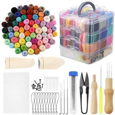 QWORK ® Conjunto de feltro com agulha, 72 cores de lã de feltro com caixa de 4 níveis, kit completo de trabalhos manuais que inclui agulhas de feltro, tesouras e acessórios, para bricolage e trabalhos QWORK ® Conjunto de feltro com agulha, 72 cores de lã de feltro com caixa de 4 níveis, kit completo de trabalhos manuais que inclui agulhas de feltro, tesouras e acessórios, para bricolage e trabalhos