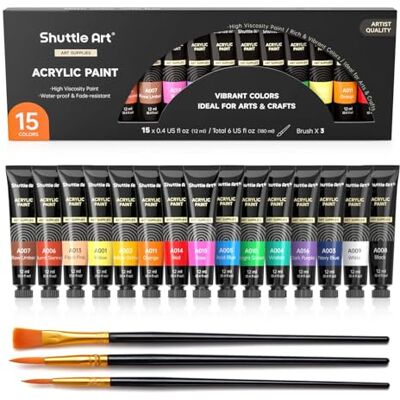 Shuttle Kit Tintas acrílicas de 15 tubos (12 ml), acrílico em cores ricas com 3 pincéis, não tóxicos, pintura ideal para tecido, tela, madeira, argila, cerâmica para adultos e crianças Shuttle Kit Tintas acrílicas de 15 tubos (12 ml), acrílico em cores ricas com 3 pincéis, não tóxicos, pintura ideal para tecido, tela, madeira, argila, cerâmica para adultos e crianças