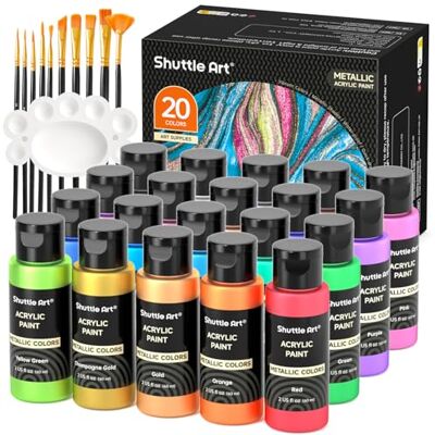 Shuttle Tinta acrílica metalizada, 20 cores (60 ml) de pintura metálica com 3 pincéis e 1 paleta, acrílicos para pintar não tóxicos, pintura acrílica para tela tecido para artista principiante Pintura Metálica y 1 Paleta, Acrilicos para Pintar No Tóxico Shuttle Tinta acrílica metalizada, 20 cores (60 ml) de pintura metálica com 3 pincéis e 1 paleta, acrílicos para pintar não tóxicos, pintura acrílica para tela tecido para artista principiante Pintura Metálica y 1 Paleta, Acrilicos para Pintar No Tóxico