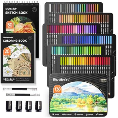 Shuttle 138 Lapices de Colores para Adultos y Niños con Libro y Bloc Conjunto de lápis de cores profissionais com livro de cores, bloco de desenho e lápis para desenhar, esboçar e colorir Shuttle 138 Lapices de Colores para Adultos y Niños con Libro y Bloc Conjunto de lápis de cores profissionais com livro de cores, bloco de desenho e lápis para desenhar, esboçar e colorir