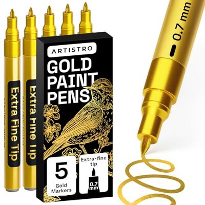 Artistro 5 canetas de tinta acrílica dourada para pintura de rocha, pedra, cerâmica, vidro, madeira, pneus, tecido, metal, tela, conjunto de 5 marcadores de pintura, à base de água, ponta Artistro 5 canetas de tinta acrílica dourada para pintura de rocha, pedra, cerâmica, vidro, madeira, pneus, tecido, metal, tela, conjunto de 5 marcadores de pintura, à base de água, ponta