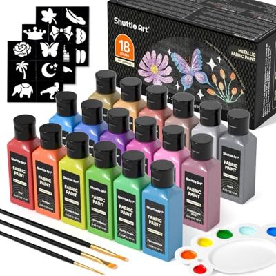 Shuttle Tinta têxtil metalizada (60 ml), 18 cores metálicas pintura têxtil permanente e lavável com pincel e palmilhas, pintura para tecido, t-shirts, sapatos, jeans, malas e projetos DIY Shuttle Tinta têxtil metalizada (60 ml), 18 cores metálicas pintura têxtil permanente e lavável com pincel e palmilhas, pintura para tecido, t-shirts, sapatos, jeans, malas e projetos DIY
