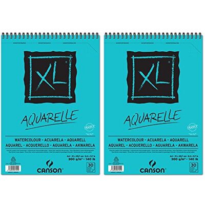 Canson XL Aquarelle Caderno de papel para desenho, com espiral superior, 30 folhas, grão fino, 300 g, A4, cor branca, lote de 2 Canson XL Aquarelle Caderno de papel para desenho, com espiral superior, 30 folhas, grão fino, 300 g, A4, cor branca, lote de 2