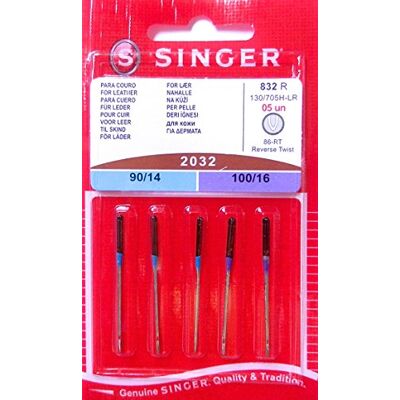 Singer 5 agulhas de máquinas de costura originais 2032 tamanho 90/14 e 100/16 para couro 130/705 H-LR Singer 5 agulhas de máquinas de costura originais 2032 tamanho 90/14 e 100/16 para couro 130/705 H-LR