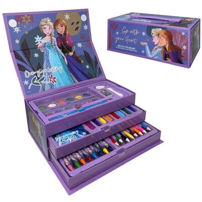 Cartoon Caixa de pintura com 52 peças coloridas e papelaria para crianças Disney Frozen com gavetas, kit de desenho e pintura Cartoon Caixa de pintura com 52 peças coloridas e papelaria para crianças Disney Frozen com gavetas, kit de desenho e pintura