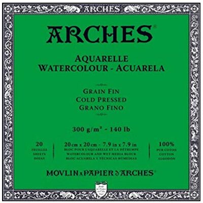 ARCHES bloco 300 g/m² colado nos quatro lados grão fino 20 x 20 cm. ARCHES bloco 300 g/m² colado nos quatro lados grão fino 20 x 20 cm.