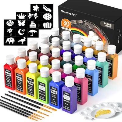 Shuttle Tinta têxtil permanente e lavável (60 ml), 30 cores pintura para tecido em garrafas com pincéis, paleta, modelos, pintura têxtil não tóxica para T-shirt, sapatos, jeans, sacos, bricolage Shuttle Tinta têxtil permanente e lavável (60 ml), 30 cores pintura para tecido em garrafas com pincéis, paleta, modelos, pintura têxtil não tóxica para T-shirt, sapatos, jeans, sacos, bricolage