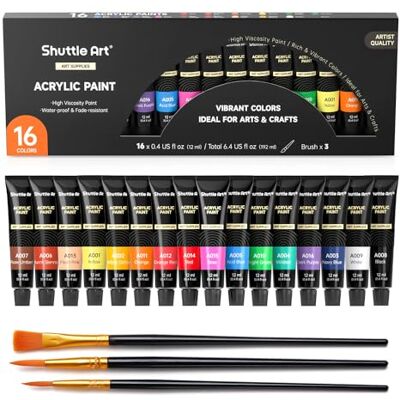 Shuttle Kit Tintas acrílicas de 16 tubos (12 ml), acrílico em cores ricas com 3 pincéis, não tóxicos, pintura ideal para tecido, tela, madeira, argila, cerâmica para adultos e crianças Shuttle Kit Tintas acrílicas de 16 tubos (12 ml), acrílico em cores ricas com 3 pincéis, não tóxicos, pintura ideal para tecido, tela, madeira, argila, cerâmica para adultos e crianças