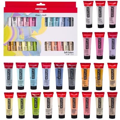 Amsterdam Conjunto de cores suaves de tinta acrílica da série padrão, 24 x 20 ml Paleta de cores pastéis, pigmentos resistentes à luz, base de água inodoro, adequado para diversos Amsterdam Conjunto de cores suaves de tinta acrílica da série padrão, 24 x 20 ml Paleta de cores pastéis, pigmentos resistentes à luz, base de água inodoro, adequado para diversos