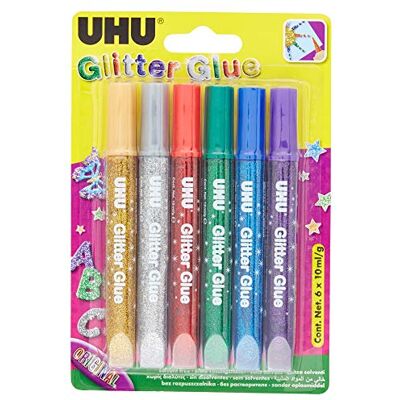 UHU Glitter Glue Original-cola decorativa com purpurina brilhante para criar milhares de decorações-pack 6 x 10 ml. UHU Glitter Glue Original-cola decorativa com purpurina brilhante para criar milhares de decorações-pack 6 x 10 ml.