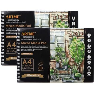 ARTME A4 Bloco de notas 2 peças, 30 folhas de 200 g/m², encadernado em espiral, com linhas de corte de rasgos, caderno de esboços para desenhar e pintar (A4 2 unidades) ARTME A4 Bloco de notas 2 peças, 30 folhas de 200 g/m², encadernado em espiral, com linhas de corte de rasgos, caderno de esboços para desenhar e pintar (A4 2 unidades)