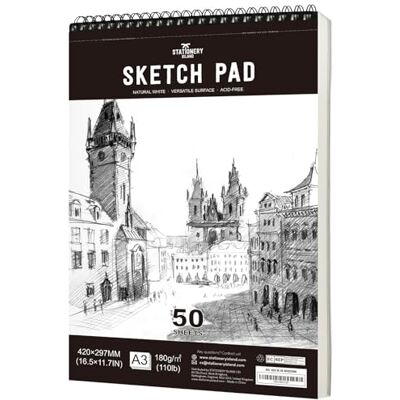 Stationery Island Bloco de desenho, A3 Sketchbook 180 g/m² papel grosso, 100 páginas/50 folhas encadernadas em espiral caderno de desenho 1 pacote Stationery Island Bloco de desenho, A3 Sketchbook 180 g/m² papel grosso, 100 páginas/50 folhas encadernadas em espiral caderno de desenho 1 pacote