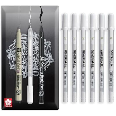 SAKURA Gelly Roll Basic Caneta de gel branco Tinta branca opaca impermeável, sem sangramento, fluxo fluido para desenho, reflexos e papel escuro, pontas de 0,5, 0,8, 1,0 mm, conjunto de 6 SAKURA Gelly Roll Basic Caneta de gel branco Tinta branca opaca impermeável, sem sangramento, fluxo fluido para desenho, reflexos e papel escuro, pontas de 0,5, 0,8, 1,0 mm, conjunto de 6