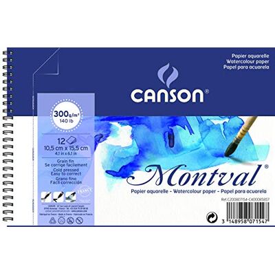 Canson Montval, papel de aguarela, prensado a frio, 300 gsm, espiralados sobre o lado curto, 10,5 x 15,5 cm, branco, 12 folhas Canson Montval, papel de aguarela, prensado a frio, 300 gsm, espiralados sobre o lado curto, 10,5 x 15,5 cm, branco, 12 folhas