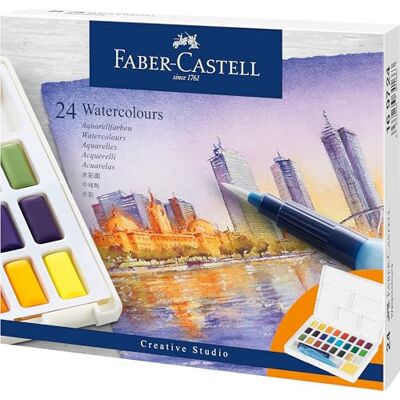 Faber-Castell Conjunto de aguarelas, caixa de 24 cores Inclui paleta de mistura, pincel para reservatório de água e esponja, bem como cores vivas para pintar à água Faber-Castell Conjunto de aguarelas, caixa de 24 cores Inclui paleta de mistura, pincel para reservatório de água e esponja, bem como cores vivas para pintar à água